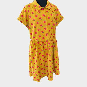 Unique Vintage Retro Yellow & Red Apple Print Short Sleeve Shirt Dress XL
